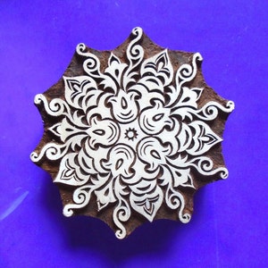 Bloque de sellos de madera para tela, grande, tallado a mano, con diseño floral abstracto en espiral, redondo, de 4 pulgadas, con estampado indio