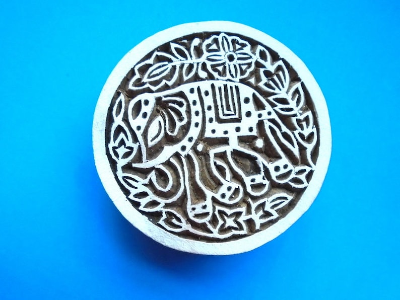 Elephant Large Round Hand Carved Wood Stamp Animal Indian Textile Fabric Clay Pottery Print shops Block