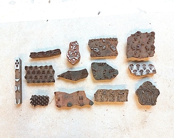Set of 13 Imperfect Antique Vintage Large Wood Stamps  Hand Carved Old Indian Print Block --LOT 5