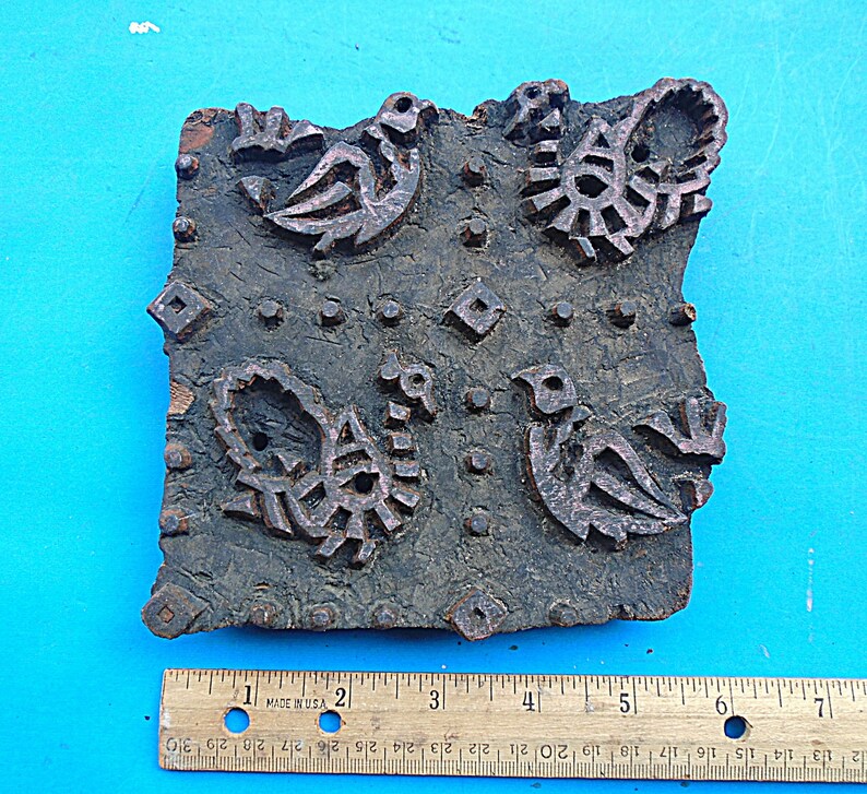 Vintage Peacock Bird Hand Carved Pottery Stamp Fabric Textile Batik Old Indian Printing Block V189
