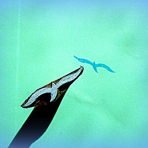 May include: A dark, pointed object with a white, bird-shaped cutout at the tip, casting a shadow on a light green surface. A matching, smaller, solid blue bird silhouette is positioned to the right of the pointed object on the same surface.