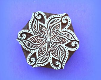 Hand Carved Large  Round Swirl Flower Fabric Textile Wood Pottery Clay Stamp Indian Print Block