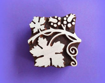Grape Leaf and Vine Hand Carved Wood Square Textile Fabric Clay Stamp Indian Print Block