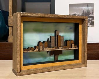 Detroit Cityscape Stained Glass Sun Catcher: Handmade Oak Framed Wall Art