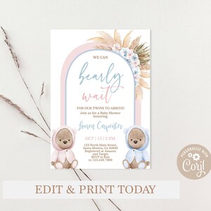 Boho Boy Girl Twins Bear Baby Shower Invitation, possiamo aspettare presto baby shower twin boy e girl invitare, Teddy Bear twins invitation