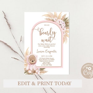 Baby Shower invitation girl bear, Boho Teddy Bear Baby Shower Invitation, We can bearly wait baby shower girl invite, Teddy Bear invitation