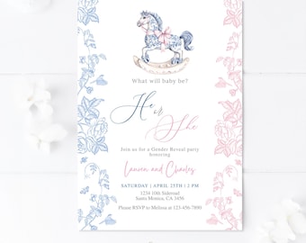 Pode incluir: Um convite para uma festa de revelação de género com uma ilustração de cavalo de baloiço em aquarela. O convite apresenta detalhes florais azuis e rosa, com o texto "He or She". O convite inclui detalhes do evento.