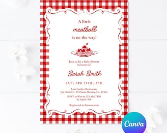 Zaproszenie na baby shower z motywem „Mała klopsik w drodze”: szablon Canva (do natychmiastowego pobrania)
