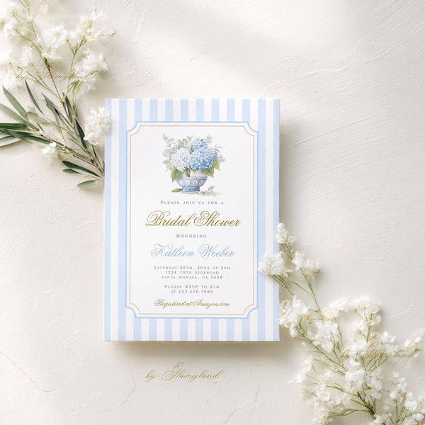 Preppy Grandmillennial Brautparty-Einladung, blaue Hortensie einladen, Chinoiserie Ginger Jar bearbeitbare Vorlage