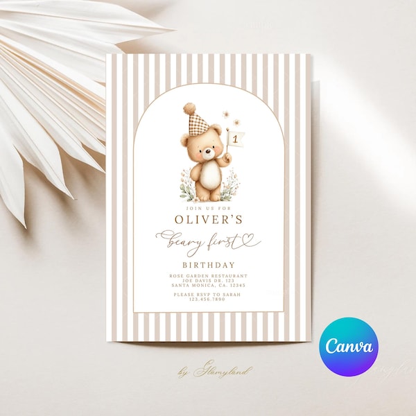 Faire-part premier anniversaire Beary : modèle canva modifiable, thème ours (téléchargement instantané)