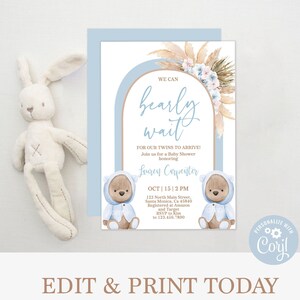 Teddy Bear Twin Boys Baby Shower Invitation, We can bearly wait baby shower twin boys invite, Blue Teddy Bear invitation