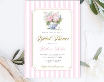Grandmillennial Bridal Shower Invitation, Pink Hydrangea invite, Chinoiserie Ginger Jar editable template