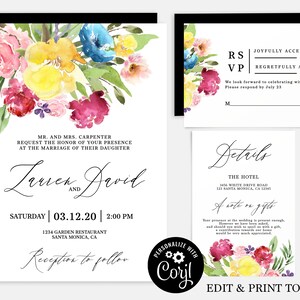 Boho wedding invitation download bright and colorful wedding invitation, colorful botanical garden wedding invitation suit image 1
