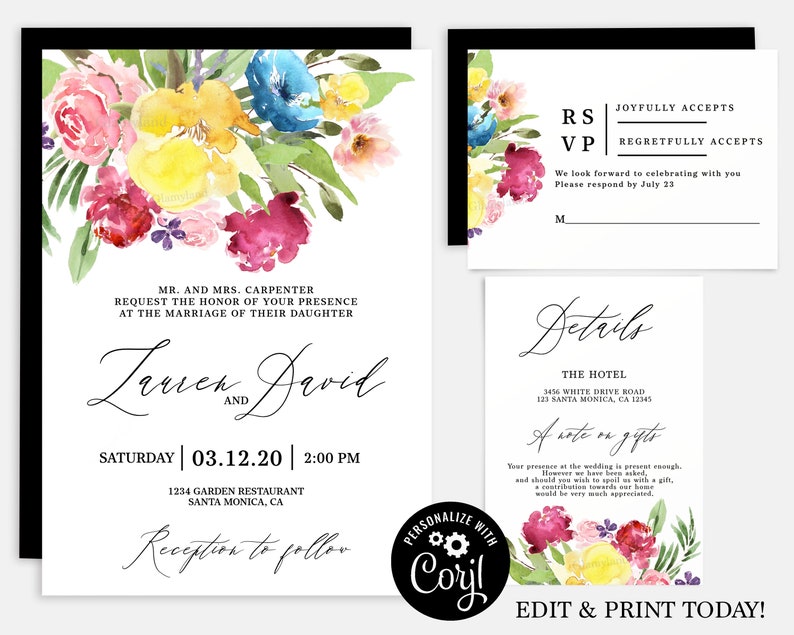 Boho wedding invitation download bright and colorful wedding invitation, colorful botanical garden wedding invitation suit zdjęcie 1