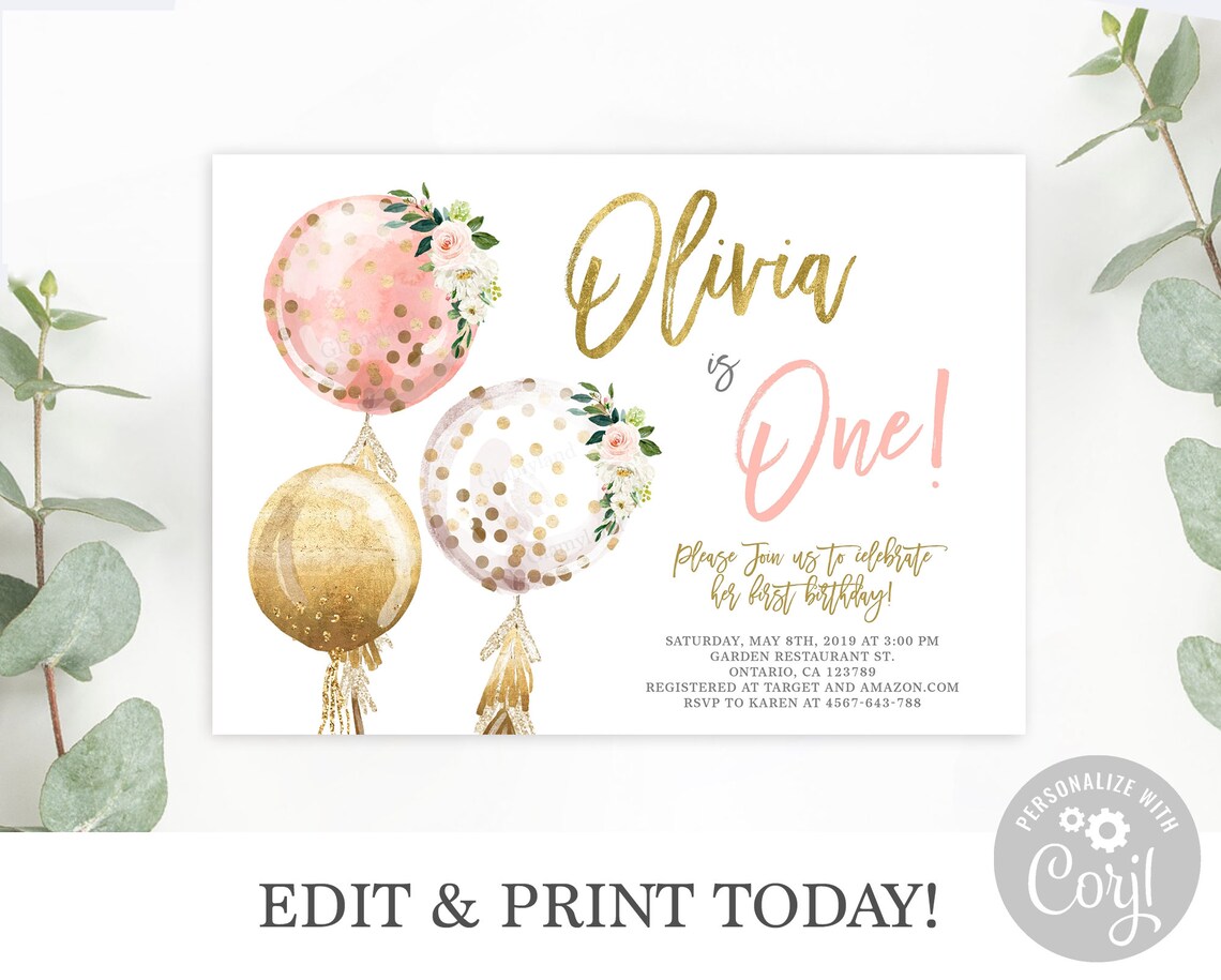 Balloons Birthday Invitation One Year Birthday Invitation Etsy