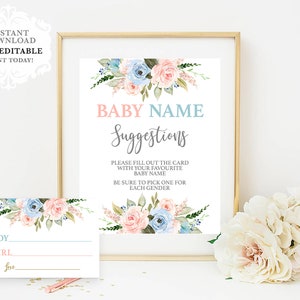 Baby Name Vorschlag Zeichen und Karte, Gender Reveal Spiel, Blumenballons rosa und blau Baby-Dusche-Karte, sofortiger download