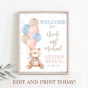 Teddy Bear Gender Reveal segno di benvenuto, orso con palloncini rosa e blu, baby shower orso ragazzo o ragazza segno, download istantaneo segno modificabile