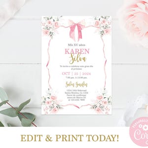 Pink Bow Quinceanera Invitation, pink coquette quinceañera invitation, Mis quince bow invite, pink and gold