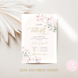 Butterfly Baby Shower Invitation: Blush Pink Floral, Editable Template