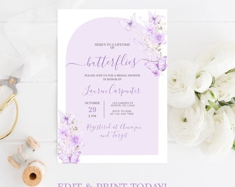 Lifetime of butterflies Purple bridal shower invitation, Editable Lavender Butterfly Template Floral Party Invite Instant Download