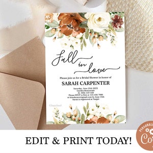 Fall In Love Bridal Shower InvitationIn, floral ochre color bridal shower editable template, autumn floral invite