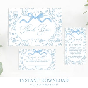 Blue Bow Baby Shower bundel, Toile De Jouy Baby shower jongen bundel, blauwe strik luier loterijkaarten, blauwe strik bedankkaarten, instant download