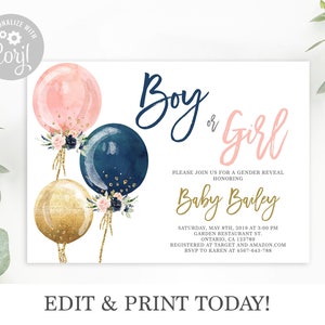 Baby Name Suggestion sign and card, Gender Reveal Game, floral balloons Pink and navy Blue Baby shower card, instant download image 6