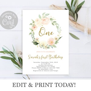 Blush pink first birthday invitation, Greenery Boho invitation, self editable, rustic birthday floral wreath first birthday invitation