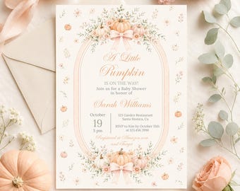 May include: A rectangular baby shower invitation card featuring a central oval frame decorated with watercolor pumpkins, flowers, and ribbons. The text reads A Little Pumpkin IS ON THE WAY! Join us for a Baby Shower in honor of Sarah Williams.