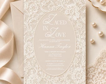 May include: A rectangular invitation card with a beige background and white lace floral border. The center features an oval frame containing the text LACED IN LOVE, PLEASE JOIN US FOR A BRIDAL SHOWER IN HONOR OF Hanna Taylor, THE GARDEN PAVILION, 1234 Wisteria Lane, Frisco, Texas 75034, KINDLY RSVP BY MAY 31, to Emily at 123-456-7890 or emily@smith.com, HANNA IS REGISTERED AT WILLIAM SONOMA AND MACYS.