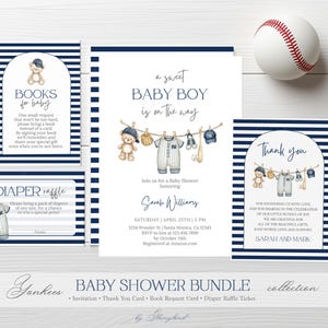 May include: A baby shower bundle with a baseball theme. The set includes invitations, thank you cards, book request cards, and diaper raffle tickets. The design features navy blue stripes, baseballs, and baby clothes illustrations. A baseball is also included.