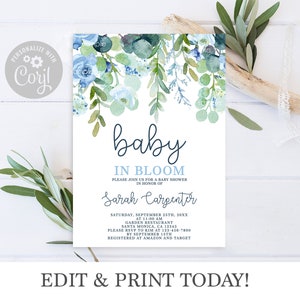 Baby in Bloom Baby Shower Boy invitation, digital download, blue floral watercolor