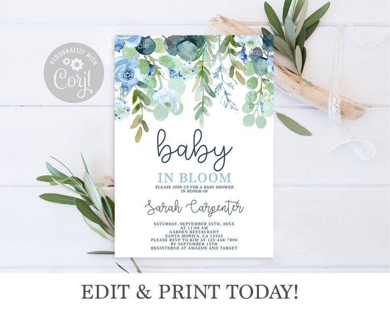 Baby in Bloom Baby Shower Boy invitation digital download blue floral watercolor