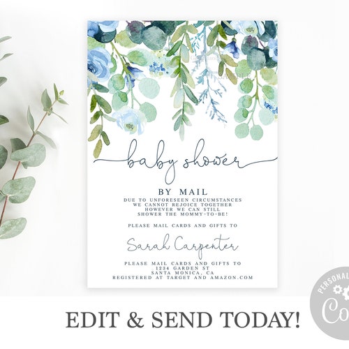 Editable Greenery Modern Baby Shower by Mail Invitation Gender Etsy