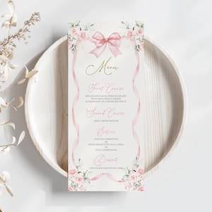 Różowa kokardka Baby Shower Girl spersonalizowana karta menu, Love Shack Baby Shower Girl karta menu, Różowa kwiatowa karta menu Baby Shower