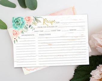 Succulents recipe cards, floral succulent recipe cards, succulent and peach roses recipe cards, blush succulent recipe cards