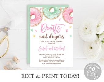 Donuts and Diapers Baby Shower Invitation girl, editable template instant download pink donuts baby invite, Baby Sprinkle sweet invitation