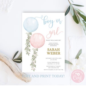 EDITIERBARE Blaue und Rosa Ballons Gender Reveal Einladung Vorlage, Eukalyptus und Ballons Junge oder Mädchen Geschlecht offenbaren Einladung Download