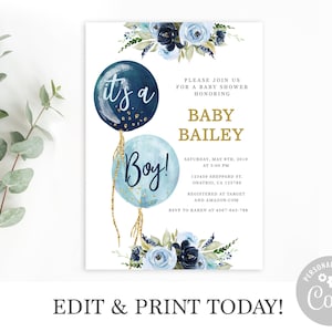 Baby Shower Invitation Boy, Editable Invitation Template, Navy Blue Balloon, it's a boy Printable Invite, Instant Download Corjl invite