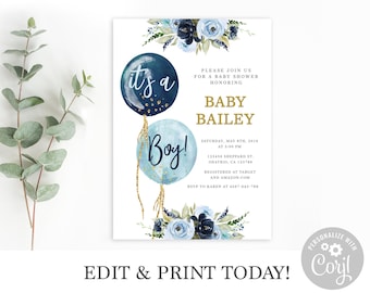 Baby Shower Invitation Boy, Editable Invitation Template, Navy Blue Balloon, it&#39;s a boy Printable Invite, Instant Download Corjl invite