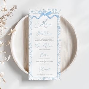 Toile De Jouy menukaart babyshower jongen, blauwe strik babyshower jongen aangepaste menukaart, blauwe vintage babyshower menukaart