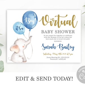 Virtual Baby Shower invitation boy, Boy zoom Baby Shower Invitation, baby elephant evite, Online Baby Shower invitation, Facebook shower