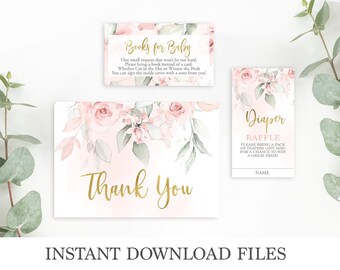 Blush pink Baby shower girl bundle, thank you cards, bring a book, diaper Raffle, floral instant download templates