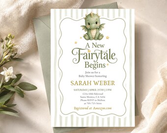 May include: A rectangular baby shower invitation card featuring a green dragon illustration at the top, with the text A New Fairytale Begins, Sarah Weber, and event details including the date, time, location, and registry information in gold.