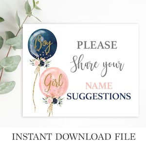 Baby Name Suggestion sign and card, Gender Reveal Game, floral balloons Pink and navy Blue Baby shower card, instant download image 4