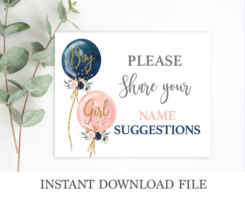 Baby Name Suggestion sign and card, Gender Reveal Game, floral balloons Pink and navy Blue Baby shower card, instant download image 4