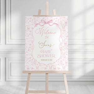 Letrero de bienvenida personalizado para baby shower de niña con lazo rosa, letrero de bienvenida para baby shower de niña de Toile De Jouy, letrero vintage rosa para baby shower