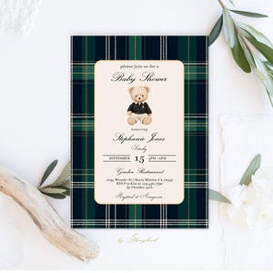 Plaid Baby Shower Invitation, Preppy Bear invite, Luxury Bear theme, Plaid Tartan bear, Luxury Teddy bear, Fashion Baby Shower