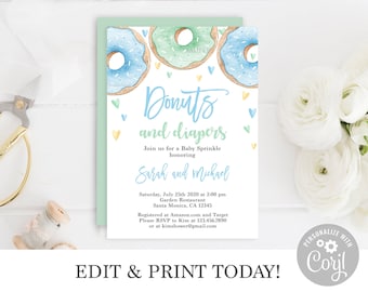 Donuts and Diapers Baby Shower Invitation, editable template instant download blue donuts baby boy invite, Baby Sprinkle sweet invitation