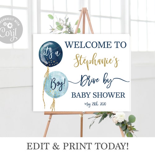 Boy Welcome Sign Template Navy Blue Balloons Baby Shower - Etsy